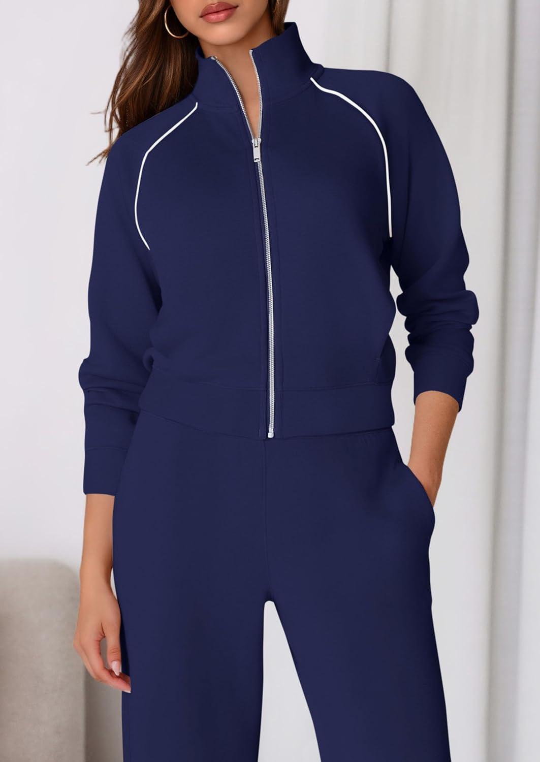 imagePRETTYGARDEN Womens 2 Piece Outfits Sweatsuits 2026 Fall Full Zip Sweatshirts Workout Pants Matching Lounge Sets TracksuitsNavy Blue