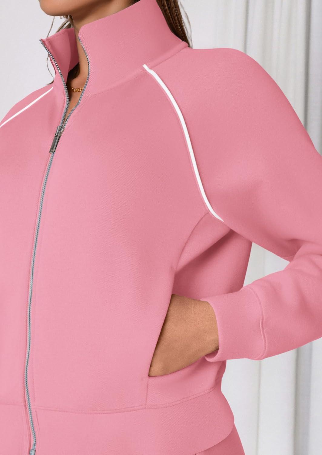 imagePRETTYGARDEN Womens 2 Piece Outfits Sweatsuits 2026 Fall Full Zip Sweatshirts Workout Pants Matching Lounge Sets TracksuitsPink