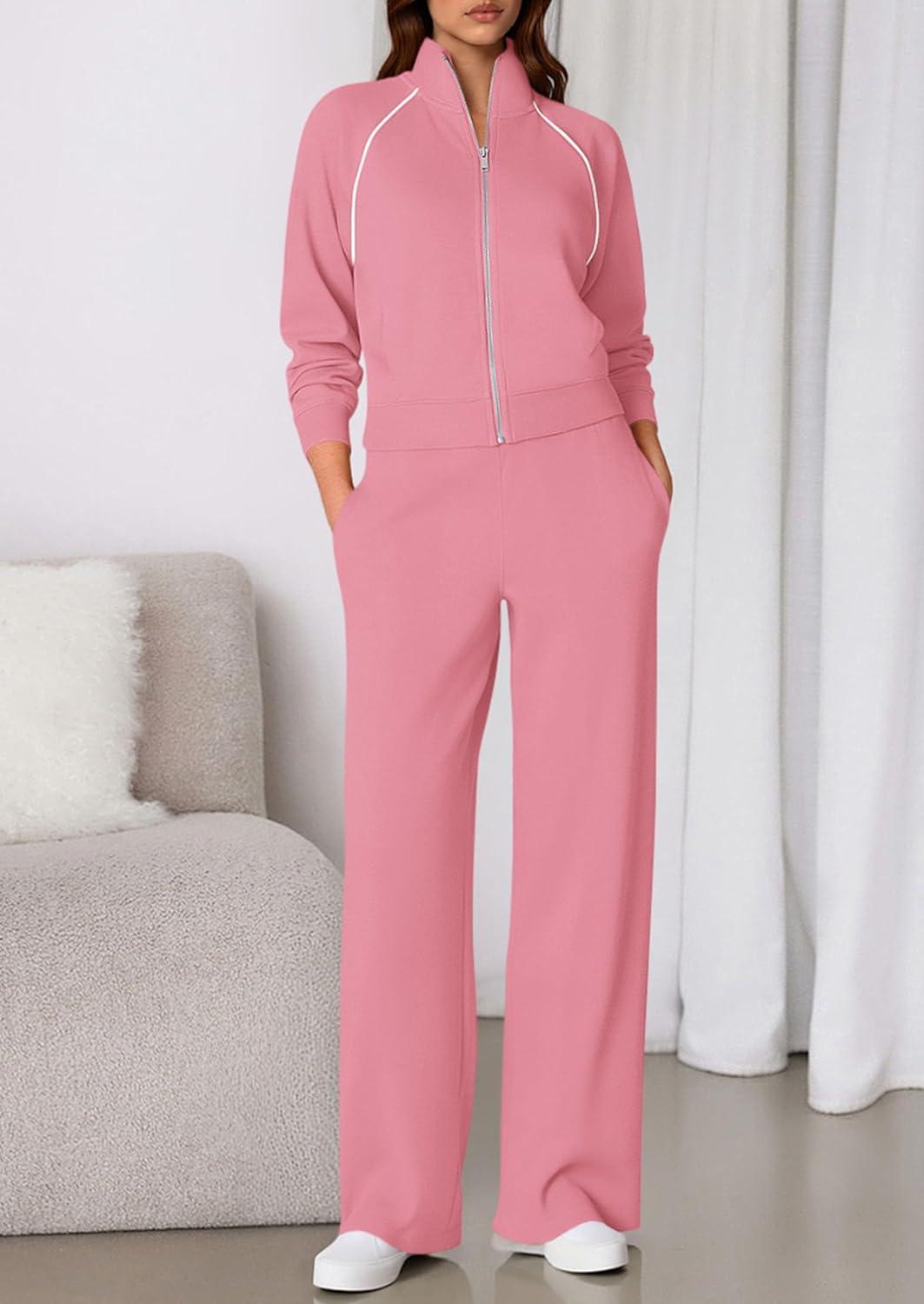 imagePRETTYGARDEN Womens 2 Piece Outfits Sweatsuits 2026 Fall Full Zip Sweatshirts Workout Pants Matching Lounge Sets TracksuitsPink