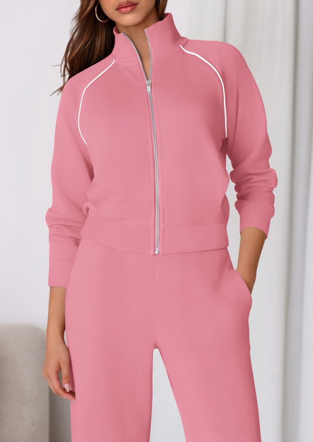 imagePRETTYGARDEN Womens 2 Piece Outfits Sweatsuits 2026 Fall Full Zip Sweatshirts Workout Pants Matching Lounge Sets TracksuitsPink