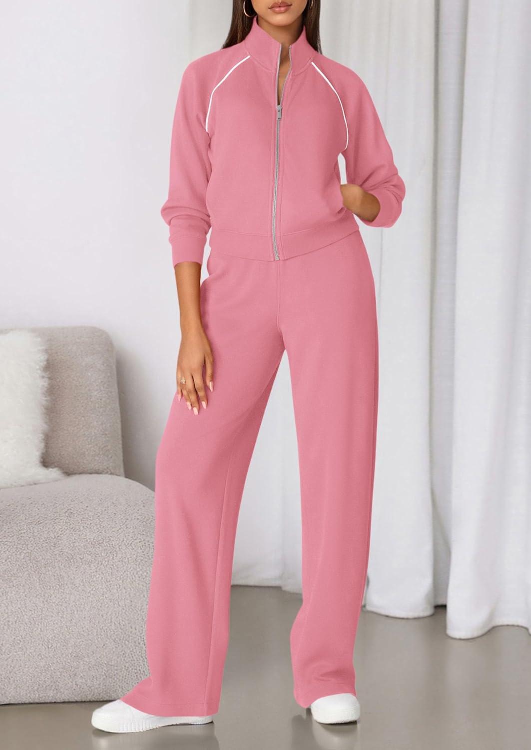 imagePRETTYGARDEN Womens 2 Piece Outfits Sweatsuits 2026 Fall Full Zip Sweatshirts Workout Pants Matching Lounge Sets TracksuitsPink