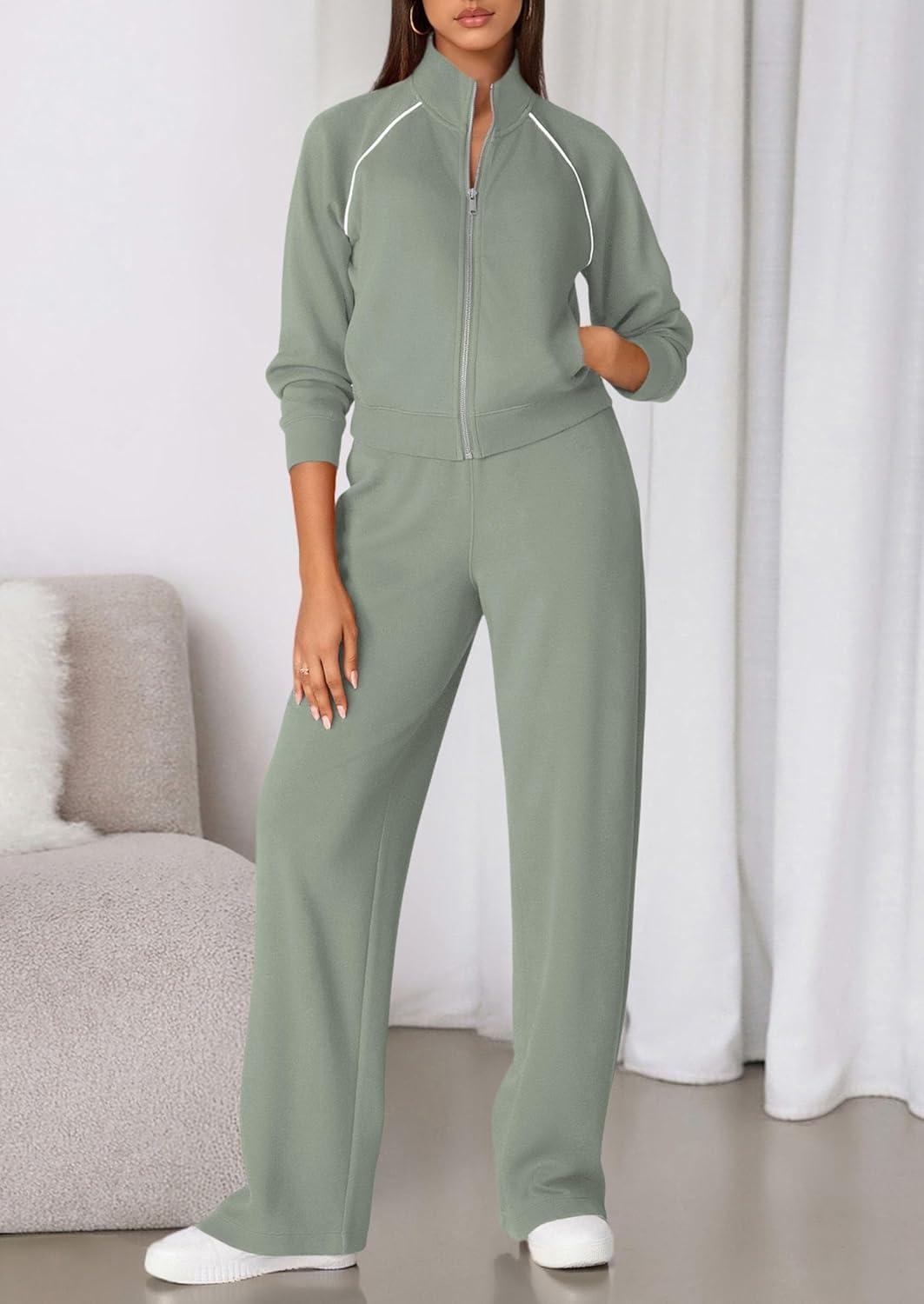 imagePRETTYGARDEN Womens 2 Piece Outfits Sweatsuits 2026 Fall Full Zip Sweatshirts Workout Pants Matching Lounge Sets TracksuitsSage Green