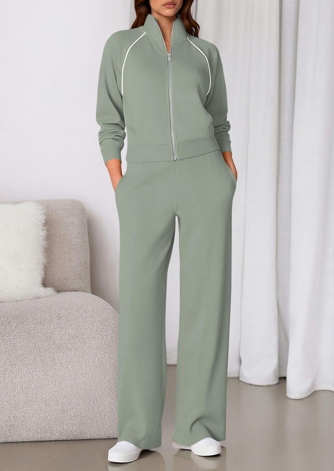 imagePRETTYGARDEN Womens 2 Piece Outfits Sweatsuits 2026 Fall Full Zip Sweatshirts Workout Pants Matching Lounge Sets TracksuitsSage Green