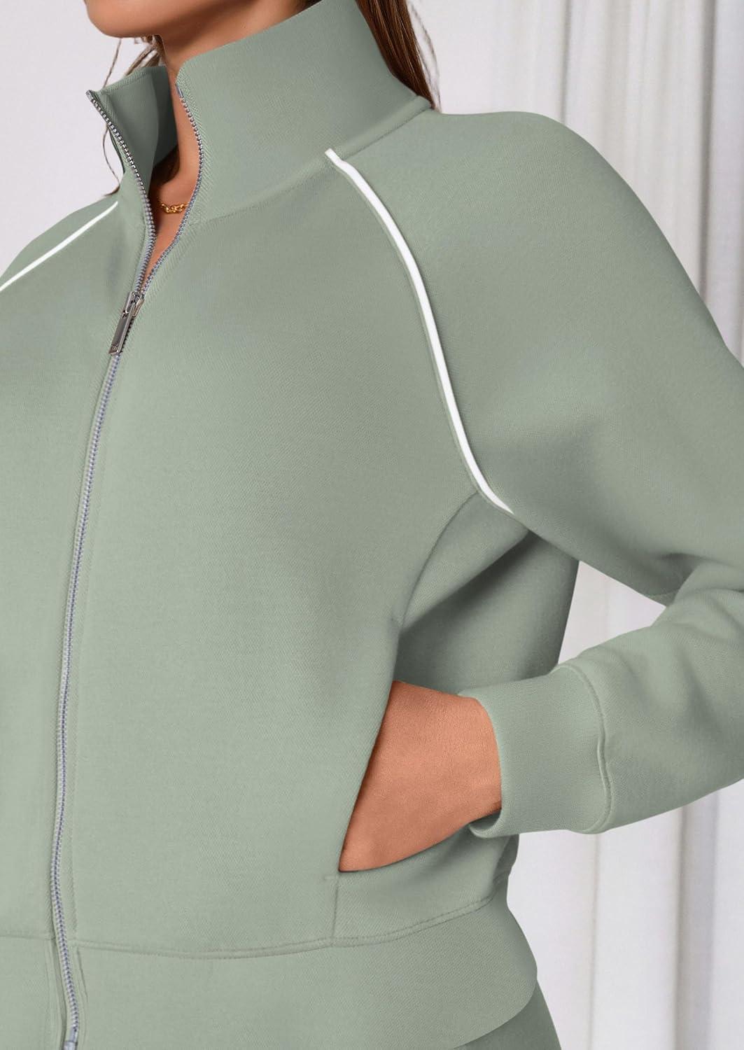 imagePRETTYGARDEN Womens 2 Piece Outfits Sweatsuits 2026 Fall Full Zip Sweatshirts Workout Pants Matching Lounge Sets TracksuitsSage Green