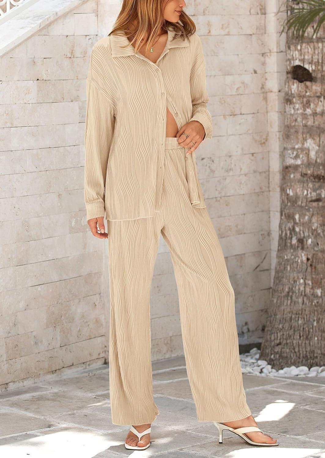 imagePRETTYGARDEN Womens 2 Piece Sets 2026 Fall Casual Textured Button Down Shirt Wide Leg Pants Outfits Loungewear TracksuitApricot