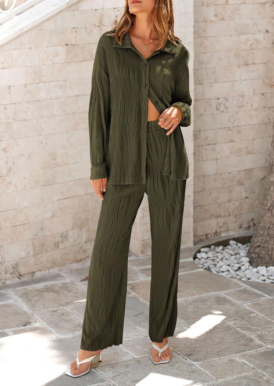imagePRETTYGARDEN Womens 2 Piece Sets 2026 Fall Casual Textured Button Down Shirt Wide Leg Pants Outfits Loungewear TracksuitArmy Green