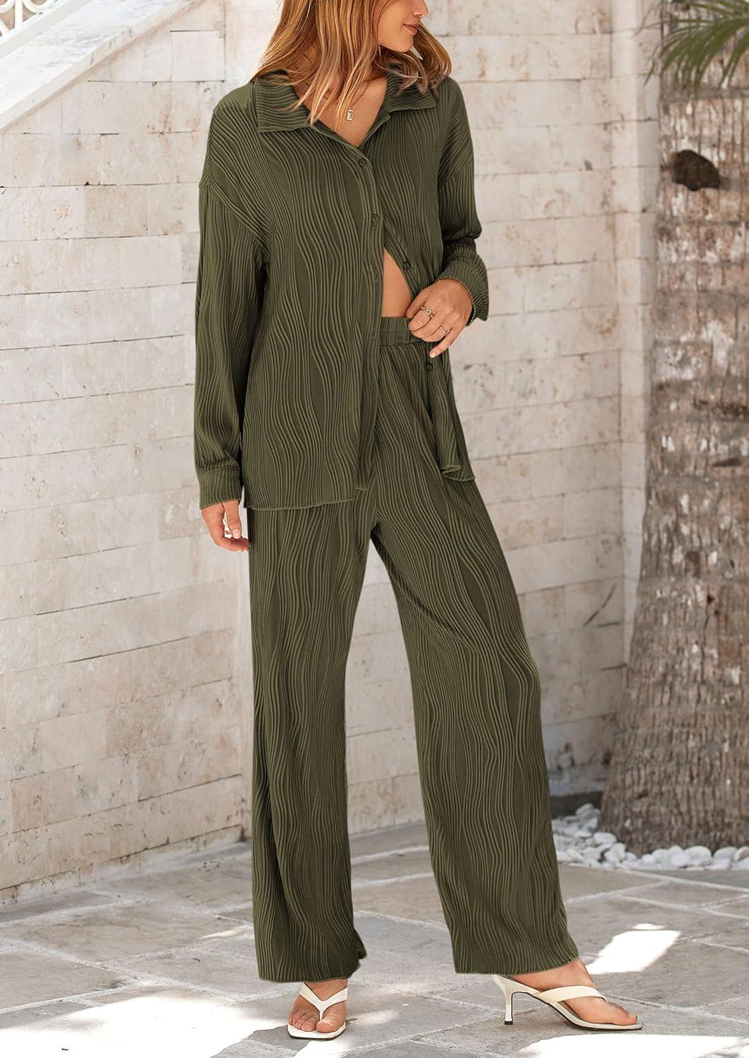imagePRETTYGARDEN Womens 2 Piece Sets 2026 Fall Casual Textured Button Down Shirt Wide Leg Pants Outfits Loungewear TracksuitArmy Green