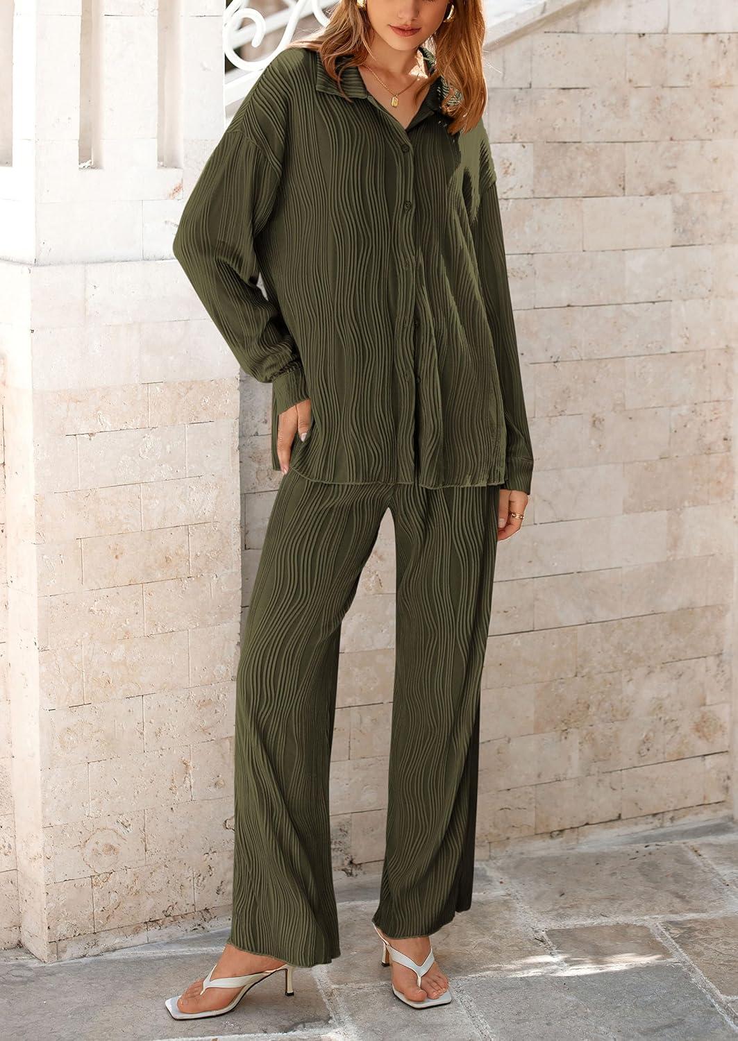 imagePRETTYGARDEN Womens 2 Piece Sets 2026 Fall Casual Textured Button Down Shirt Wide Leg Pants Outfits Loungewear TracksuitArmy Green