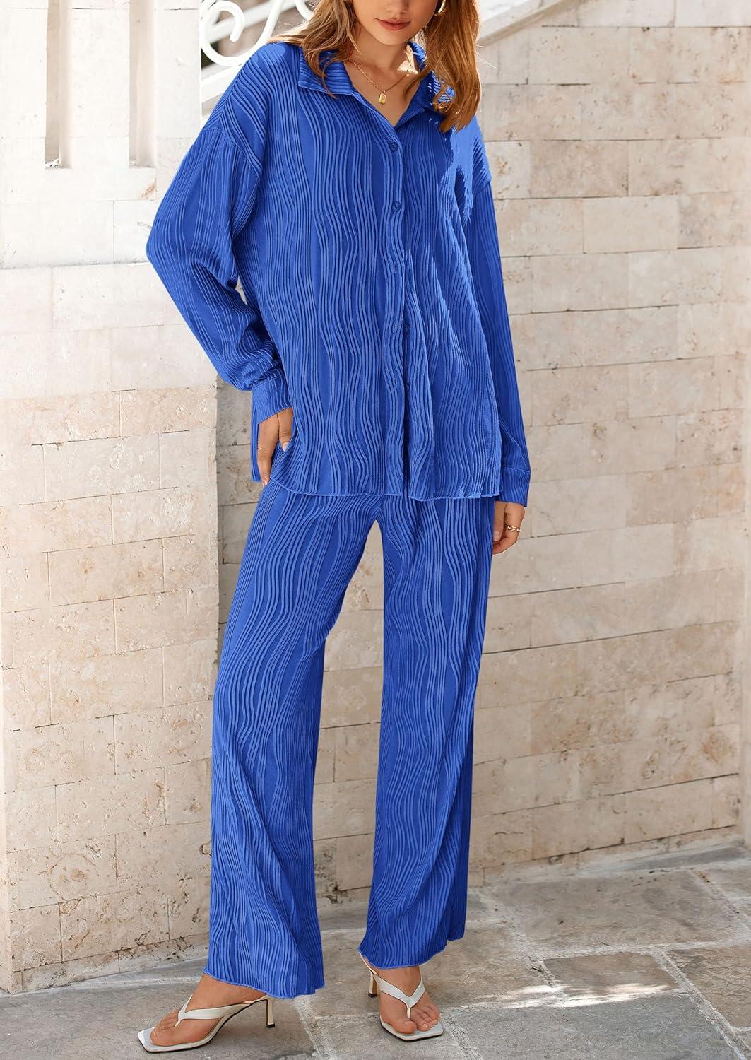 imagePRETTYGARDEN Womens 2 Piece Sets 2026 Fall Casual Textured Button Down Shirt Wide Leg Pants Outfits Loungewear TracksuitBlue