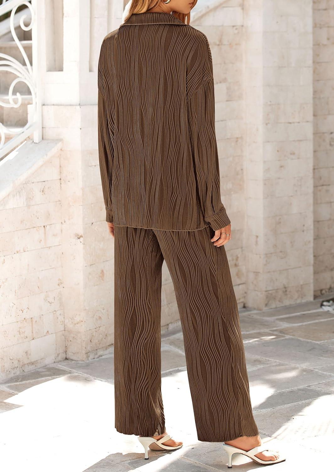 imagePRETTYGARDEN Womens 2 Piece Sets 2026 Fall Casual Textured Button Down Shirt Wide Leg Pants Outfits Loungewear TracksuitCoffee