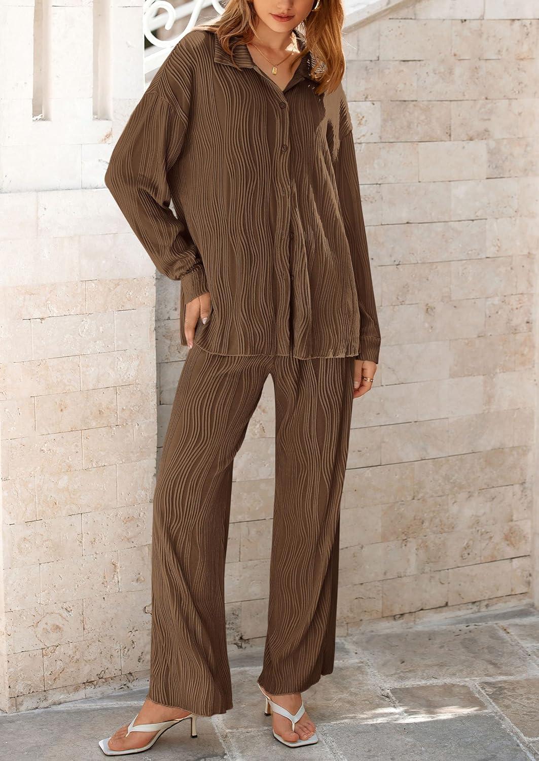 imagePRETTYGARDEN Womens 2 Piece Sets 2026 Fall Casual Textured Button Down Shirt Wide Leg Pants Outfits Loungewear TracksuitCoffee