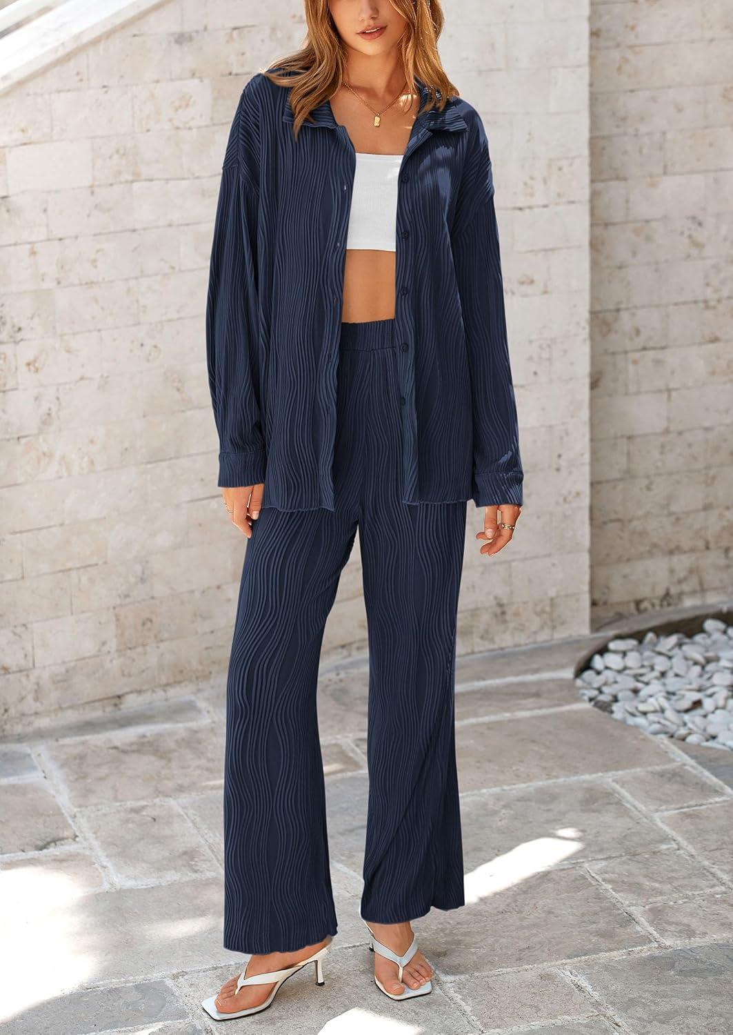 imagePRETTYGARDEN Womens 2 Piece Sets 2026 Fall Casual Textured Button Down Shirt Wide Leg Pants Outfits Loungewear TracksuitDark Blue