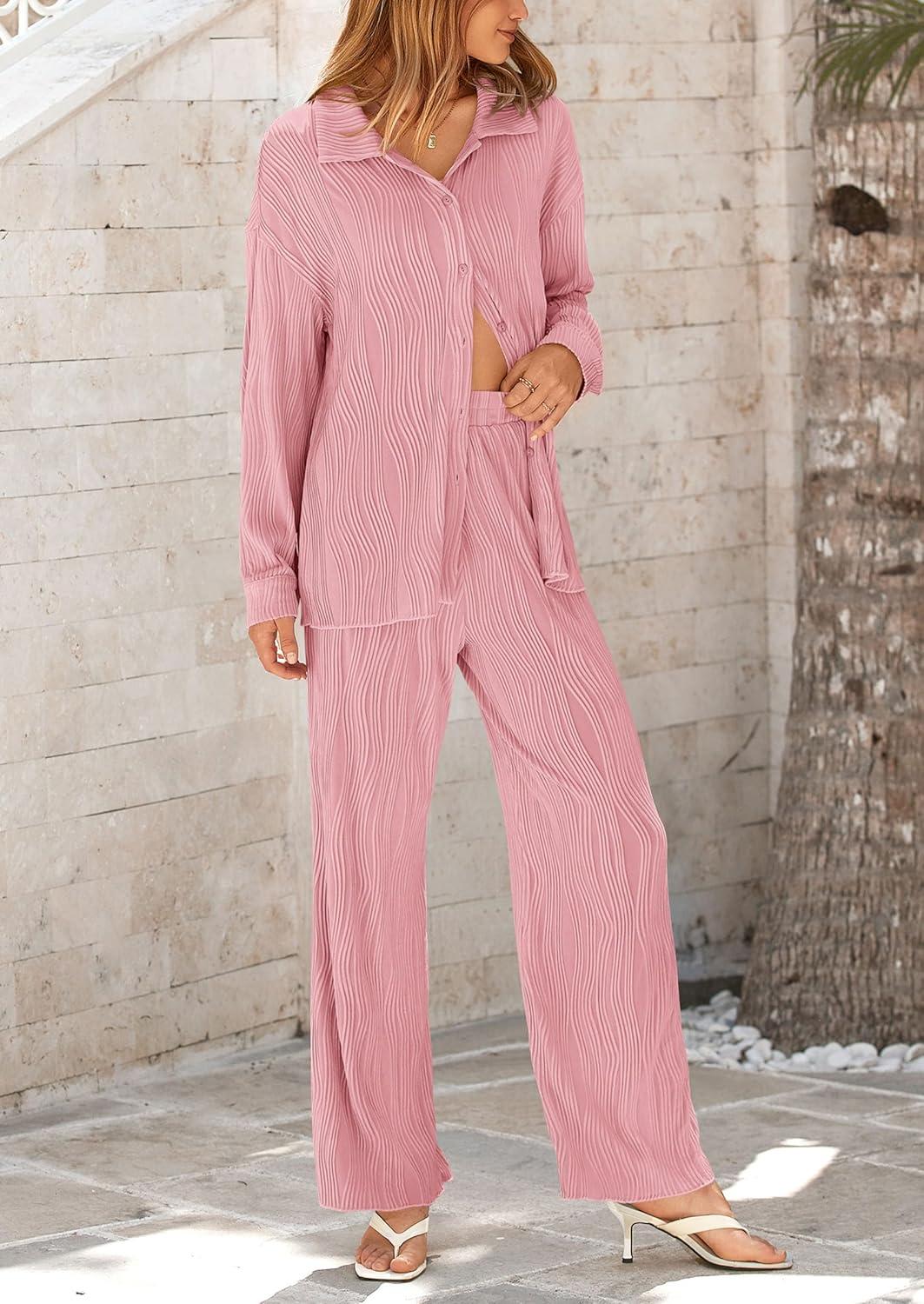 imagePRETTYGARDEN Womens 2 Piece Sets 2026 Fall Casual Textured Button Down Shirt Wide Leg Pants Outfits Loungewear TracksuitDusty Pink