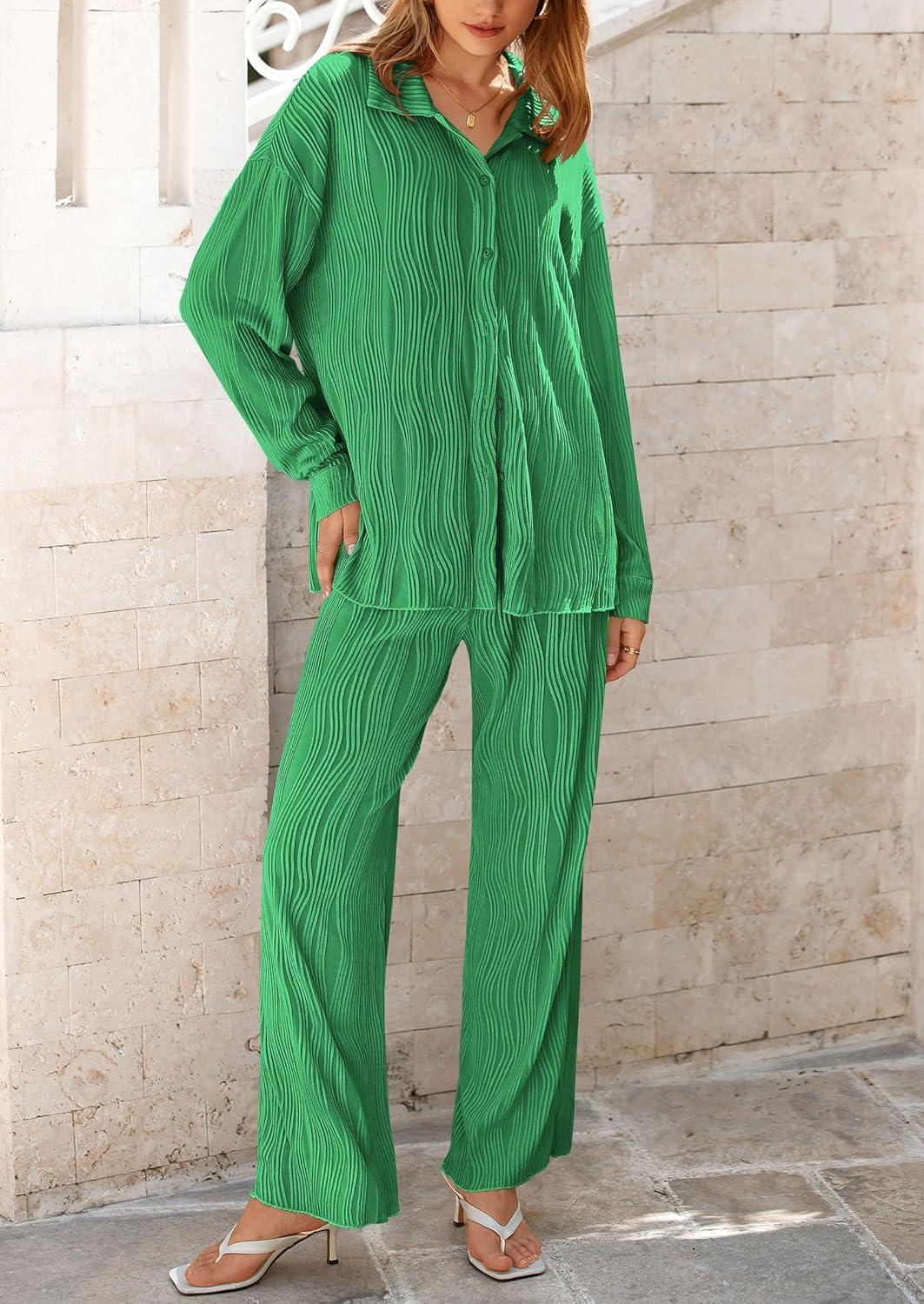 imagePRETTYGARDEN Womens 2 Piece Sets 2026 Fall Casual Textured Button Down Shirt Wide Leg Pants Outfits Loungewear TracksuitGreen