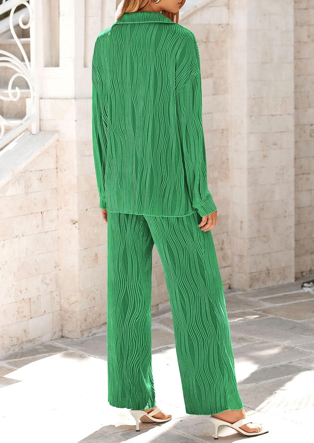imagePRETTYGARDEN Womens 2 Piece Sets 2026 Fall Casual Textured Button Down Shirt Wide Leg Pants Outfits Loungewear TracksuitGreen