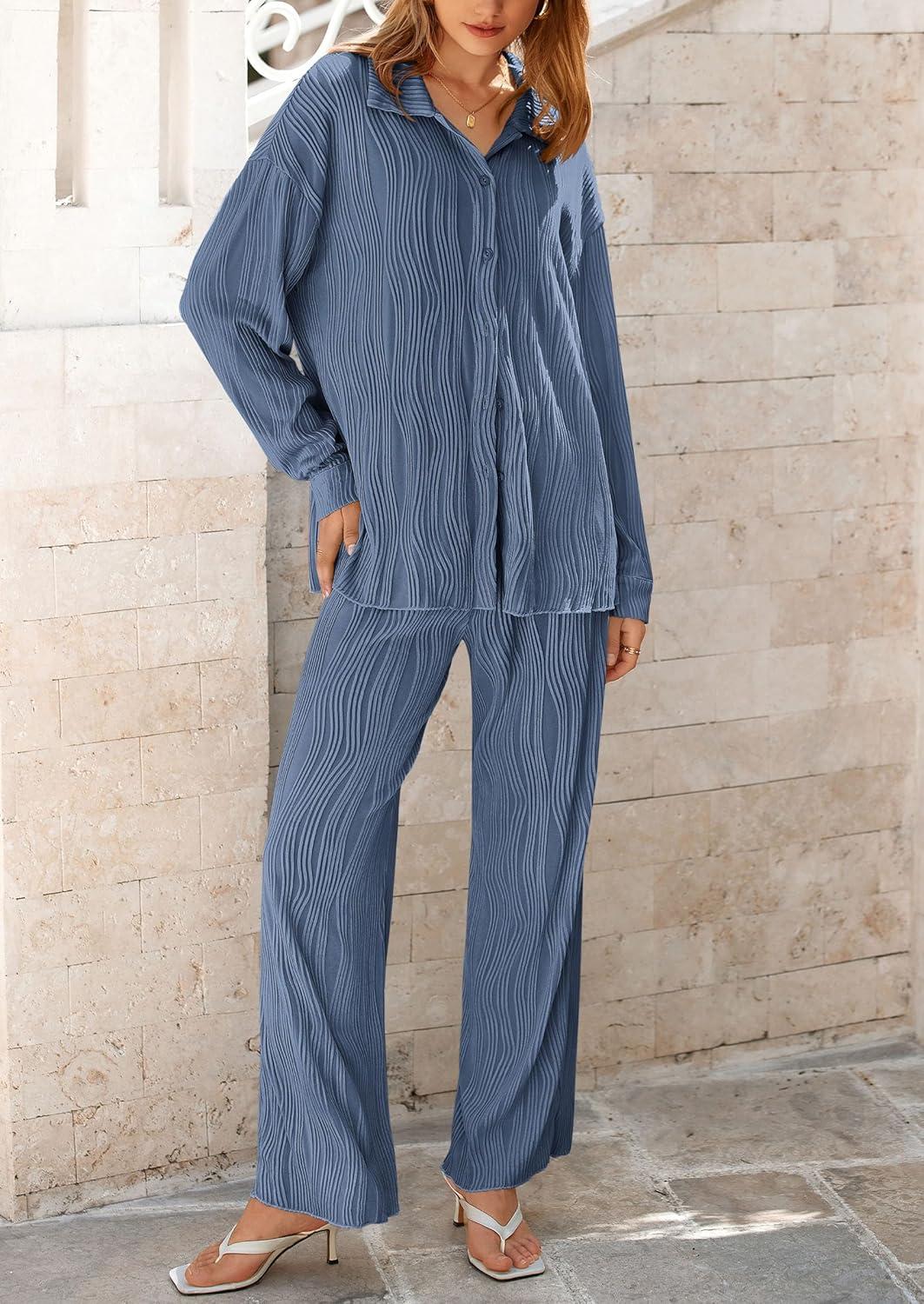 imagePRETTYGARDEN Womens 2 Piece Sets 2026 Fall Casual Textured Button Down Shirt Wide Leg Pants Outfits Loungewear TracksuitGrey Blue