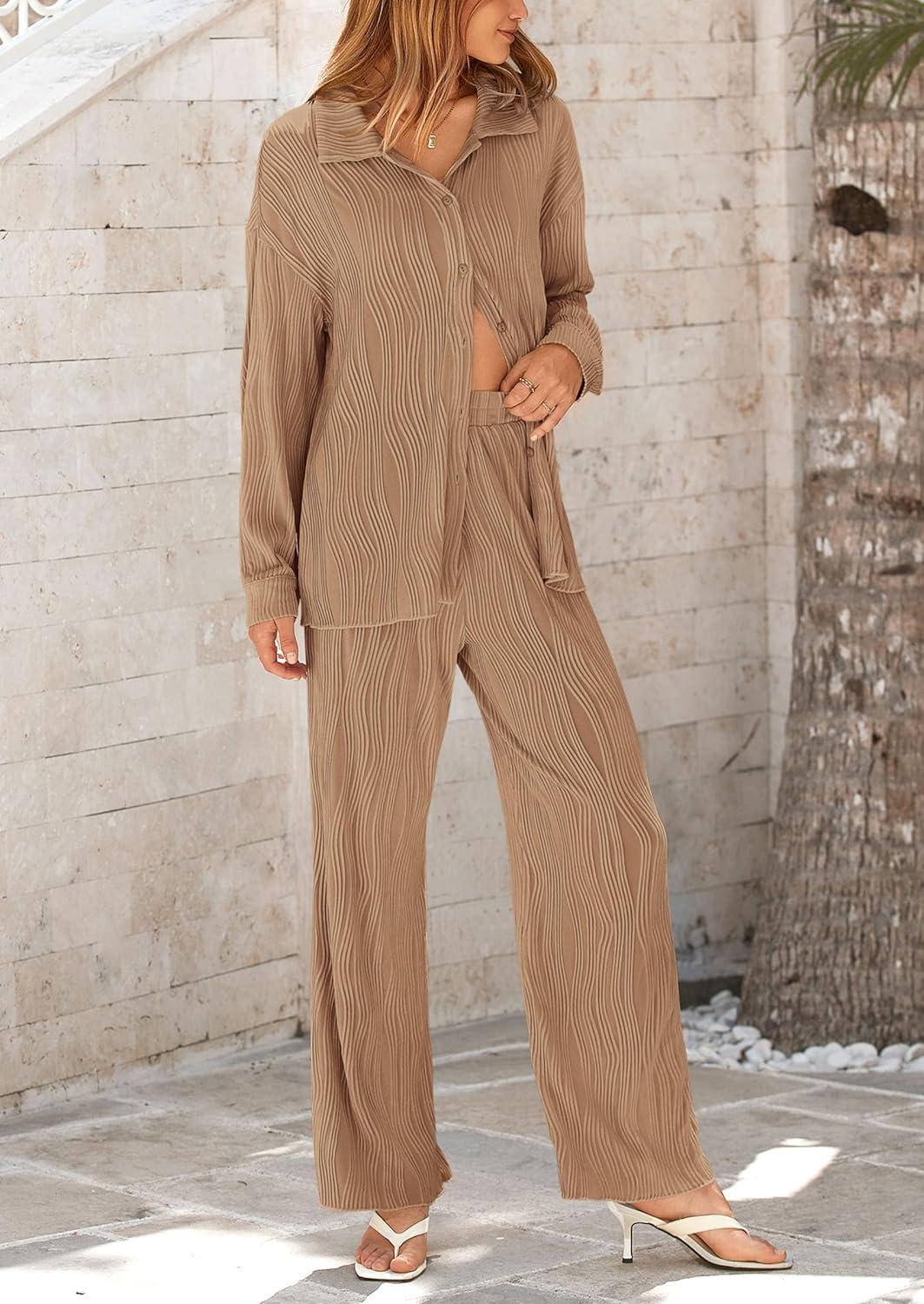 imagePRETTYGARDEN Womens 2 Piece Sets 2026 Fall Casual Textured Button Down Shirt Wide Leg Pants Outfits Loungewear TracksuitKhaki