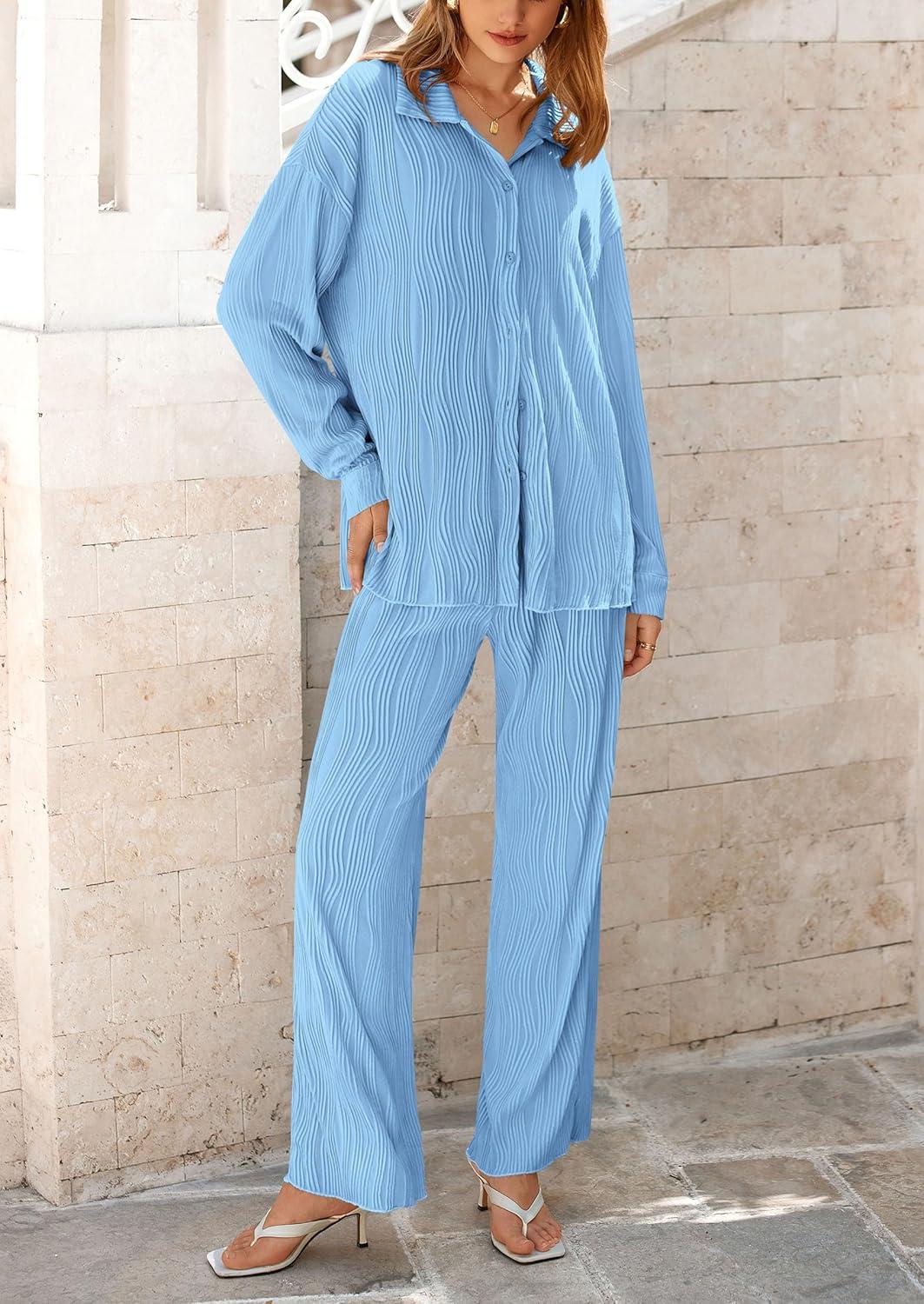 imagePRETTYGARDEN Womens 2 Piece Sets 2026 Fall Casual Textured Button Down Shirt Wide Leg Pants Outfits Loungewear TracksuitLight Blue