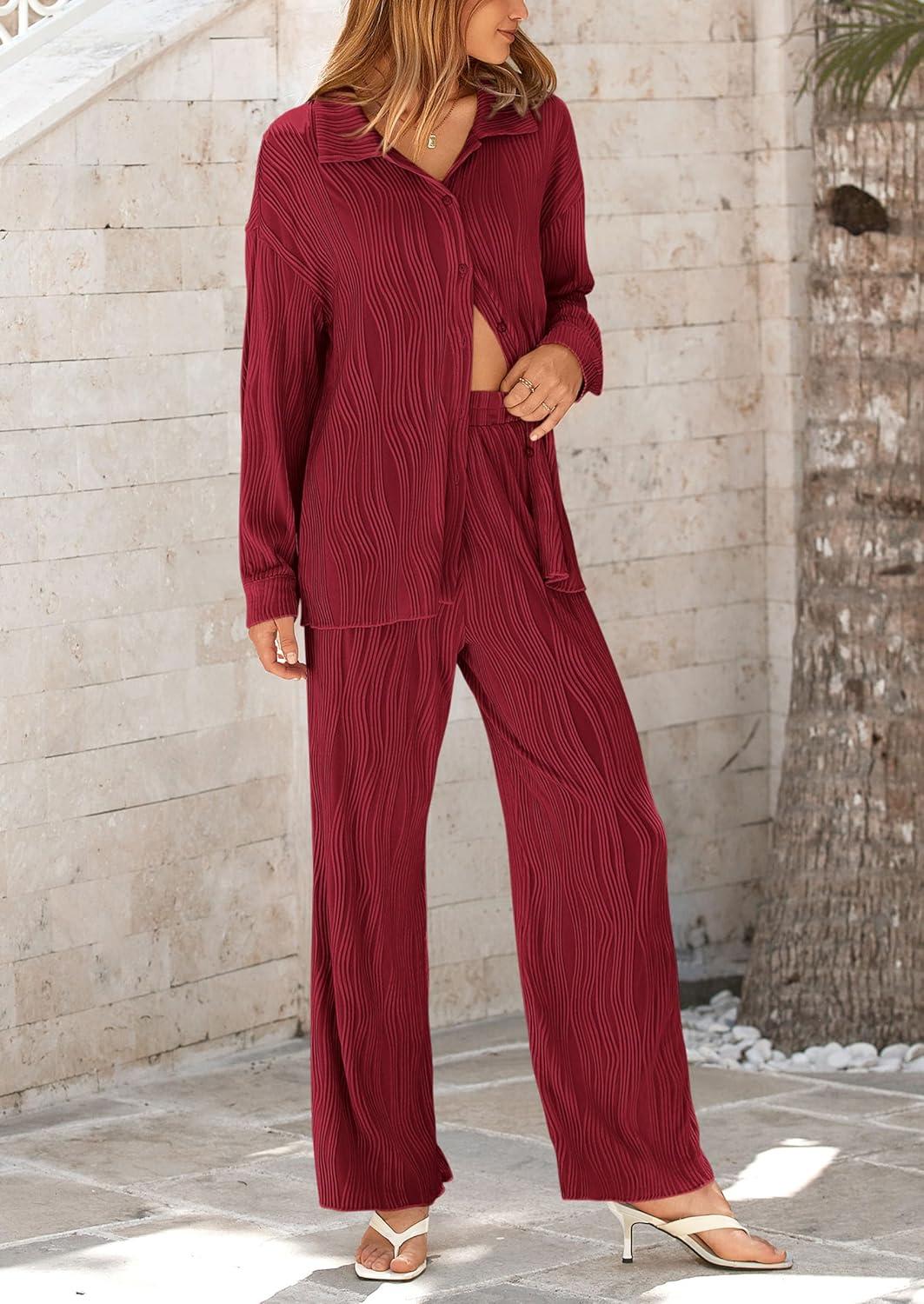 imagePRETTYGARDEN Womens 2 Piece Sets 2026 Fall Casual Textured Button Down Shirt Wide Leg Pants Outfits Loungewear TracksuitWine Red