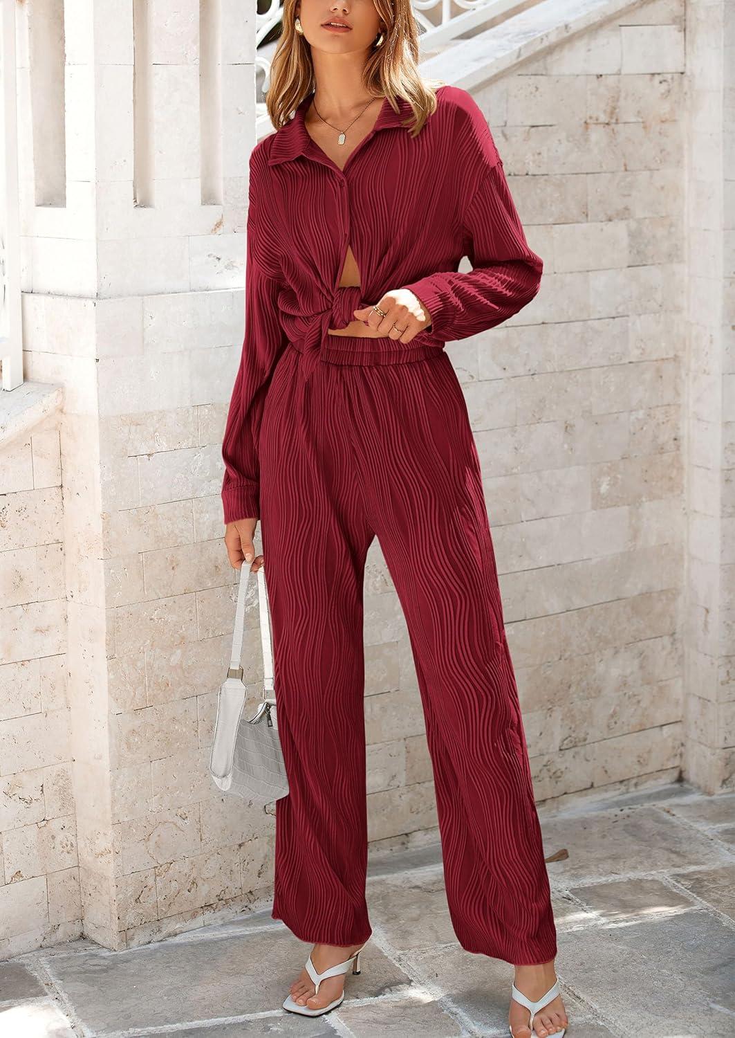 imagePRETTYGARDEN Womens 2 Piece Sets 2026 Fall Casual Textured Button Down Shirt Wide Leg Pants Outfits Loungewear TracksuitWine Red