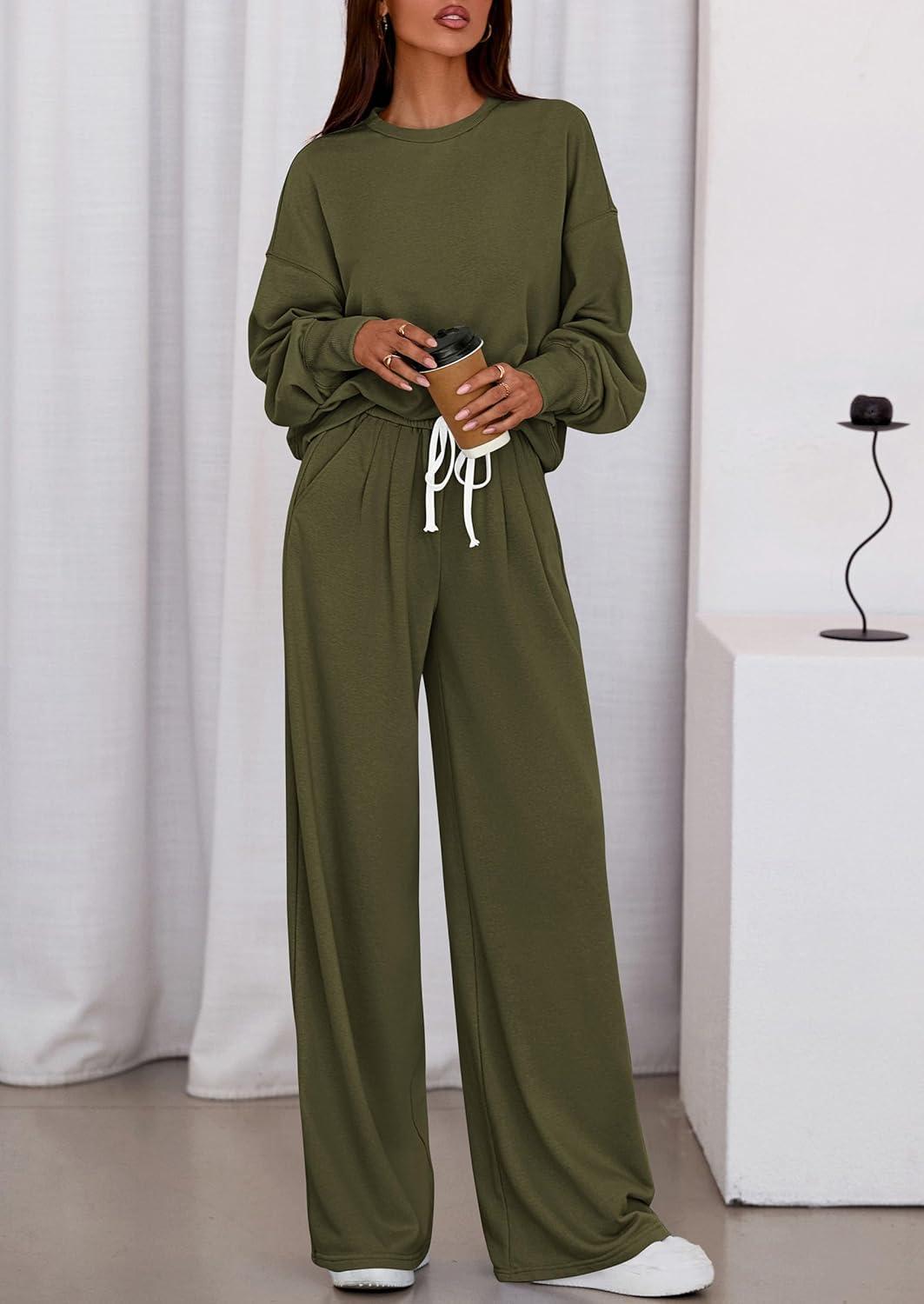 imagePRETTYGARDEN Womens 2 Piece Sets Long Sleeve Sweatshirt Wide Leg Pants Loose Matching Lounge Set Trendy Fall OutfitsArmy Green