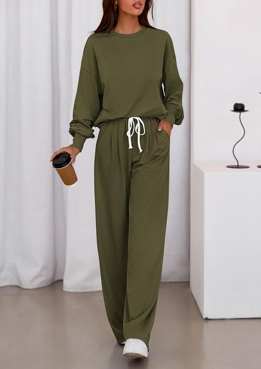 imagePRETTYGARDEN Womens 2 Piece Sets Long Sleeve Sweatshirt Wide Leg Pants Loose Matching Lounge Set Trendy Fall OutfitsArmy Green