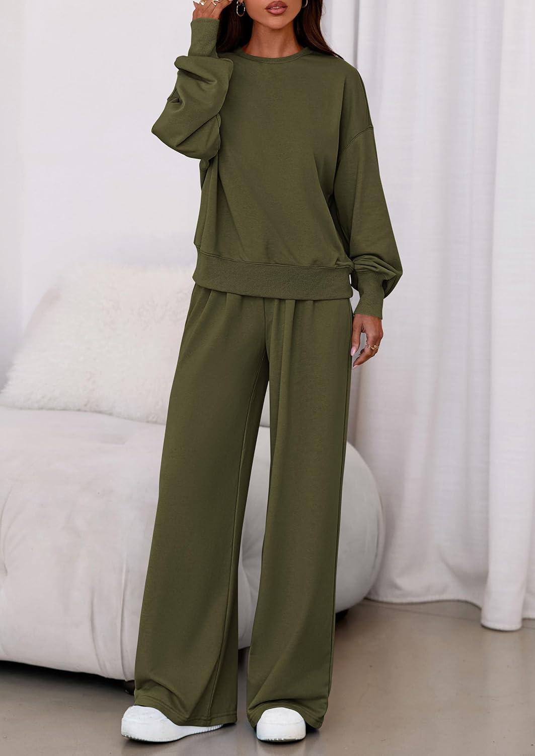 imagePRETTYGARDEN Womens 2 Piece Sets Long Sleeve Sweatshirt Wide Leg Pants Loose Matching Lounge Set Trendy Fall OutfitsArmy Green