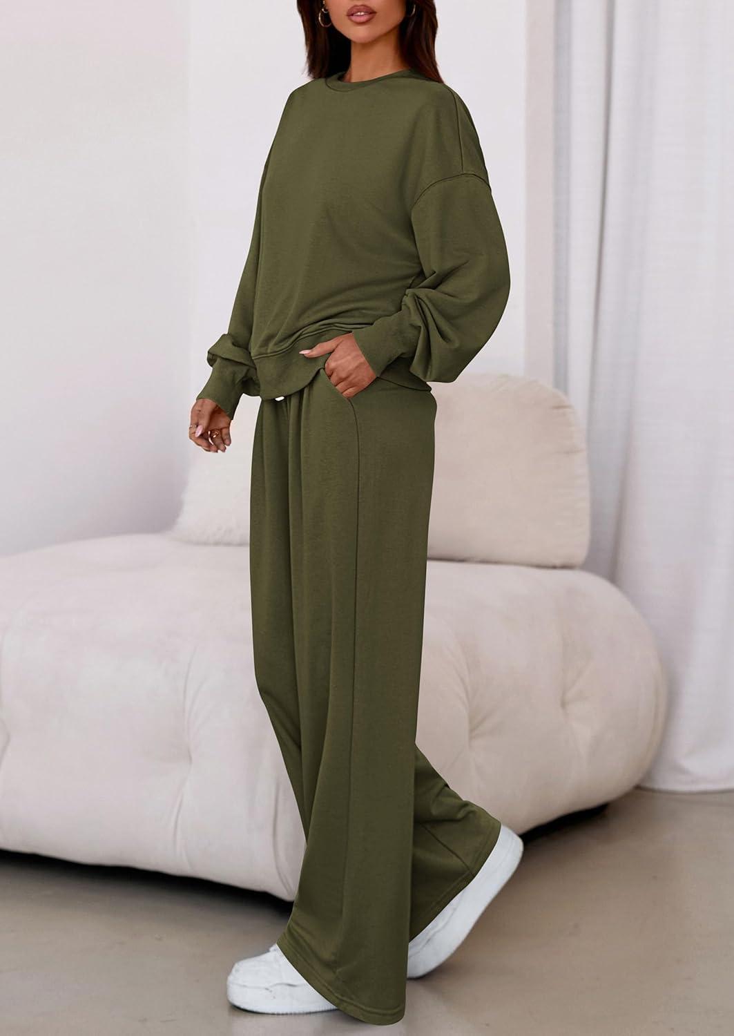imagePRETTYGARDEN Womens 2 Piece Sets Long Sleeve Sweatshirt Wide Leg Pants Loose Matching Lounge Set Trendy Fall OutfitsArmy Green