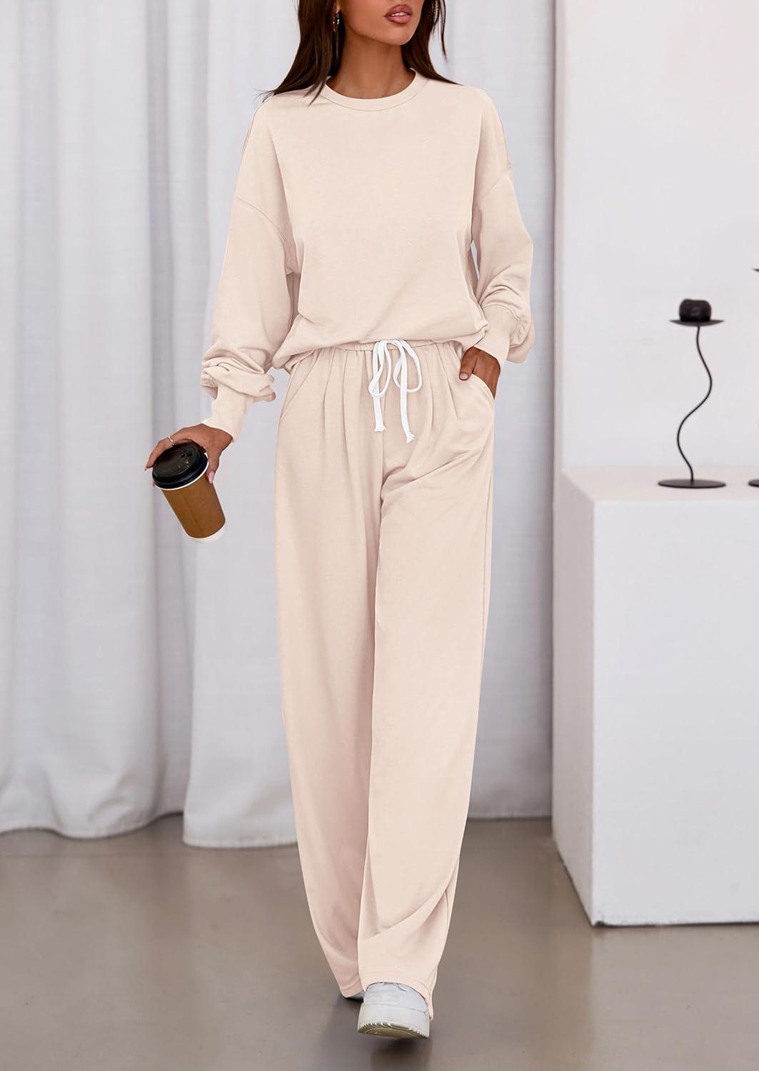 imagePRETTYGARDEN Womens 2 Piece Sets Long Sleeve Sweatshirt Wide Leg Pants Loose Matching Lounge Set Trendy Fall OutfitsBeige