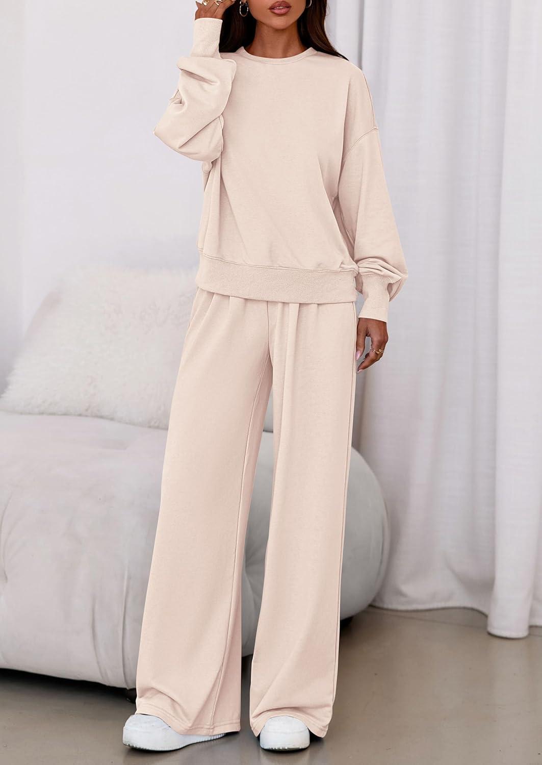 imagePRETTYGARDEN Womens 2 Piece Sets Long Sleeve Sweatshirt Wide Leg Pants Loose Matching Lounge Set Trendy Fall OutfitsBeige
