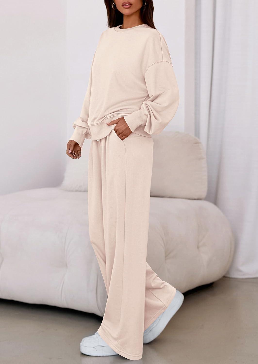 imagePRETTYGARDEN Womens 2 Piece Sets Long Sleeve Sweatshirt Wide Leg Pants Loose Matching Lounge Set Trendy Fall OutfitsBeige