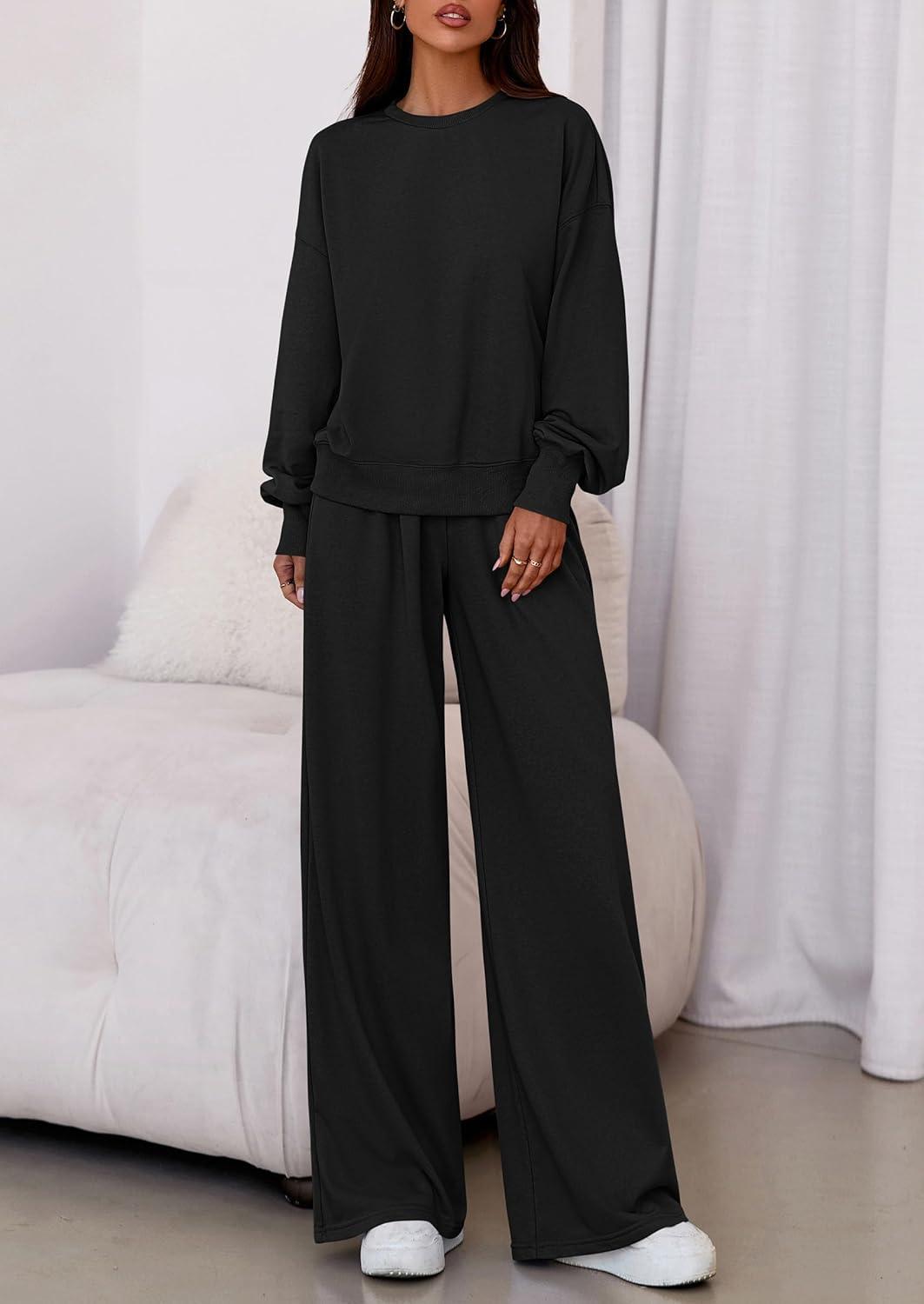 imagePRETTYGARDEN Womens 2 Piece Sets Long Sleeve Sweatshirt Wide Leg Pants Loose Matching Lounge Set Trendy Fall OutfitsBlack