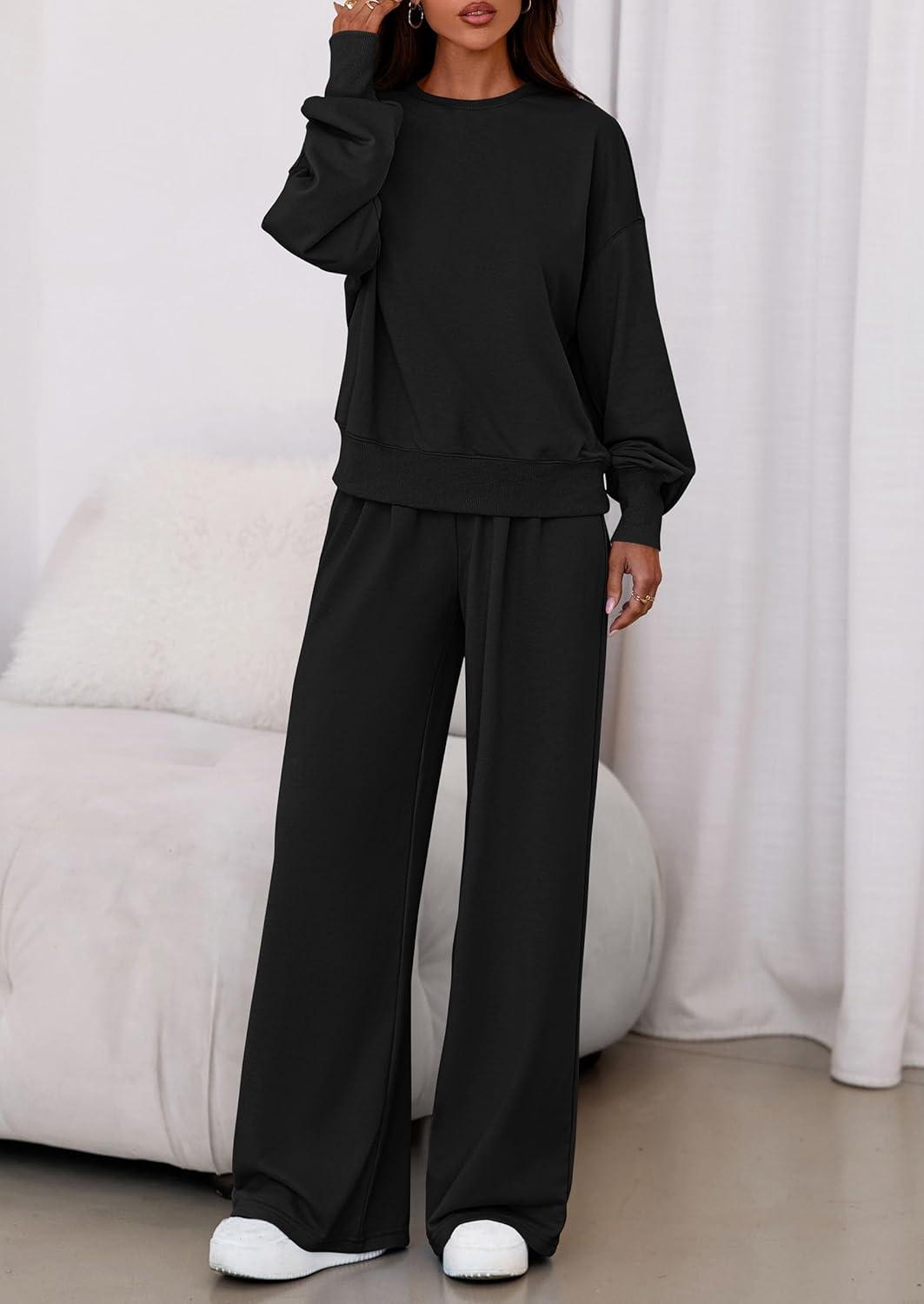 imagePRETTYGARDEN Womens 2 Piece Sets Long Sleeve Sweatshirt Wide Leg Pants Loose Matching Lounge Set Trendy Fall OutfitsBlack