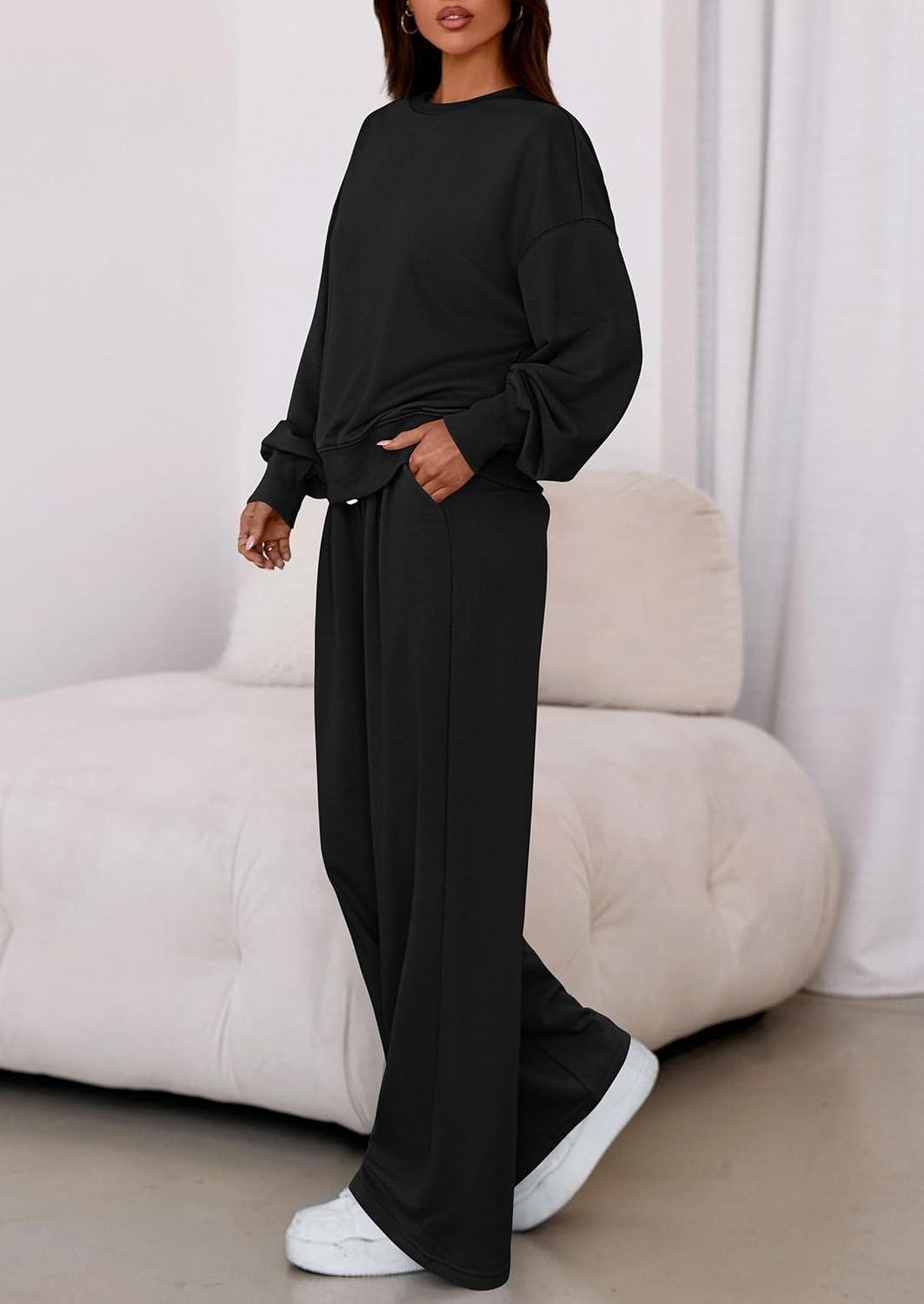 imagePRETTYGARDEN Womens 2 Piece Sets Long Sleeve Sweatshirt Wide Leg Pants Loose Matching Lounge Set Trendy Fall OutfitsBlack