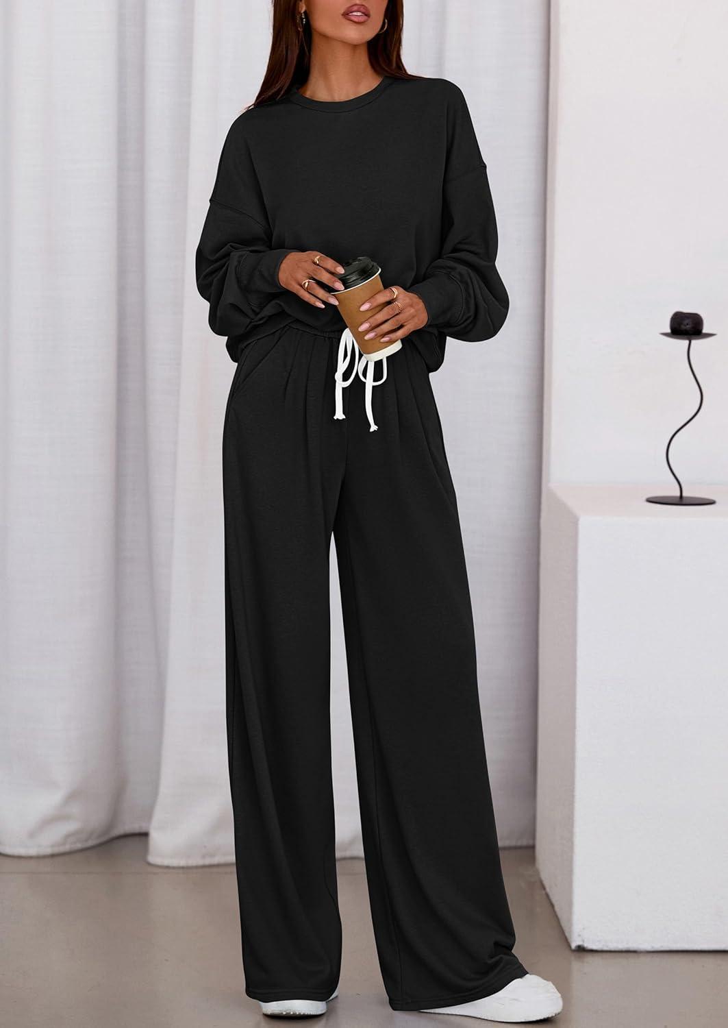 imagePRETTYGARDEN Womens 2 Piece Sets Long Sleeve Sweatshirt Wide Leg Pants Loose Matching Lounge Set Trendy Fall OutfitsBlack