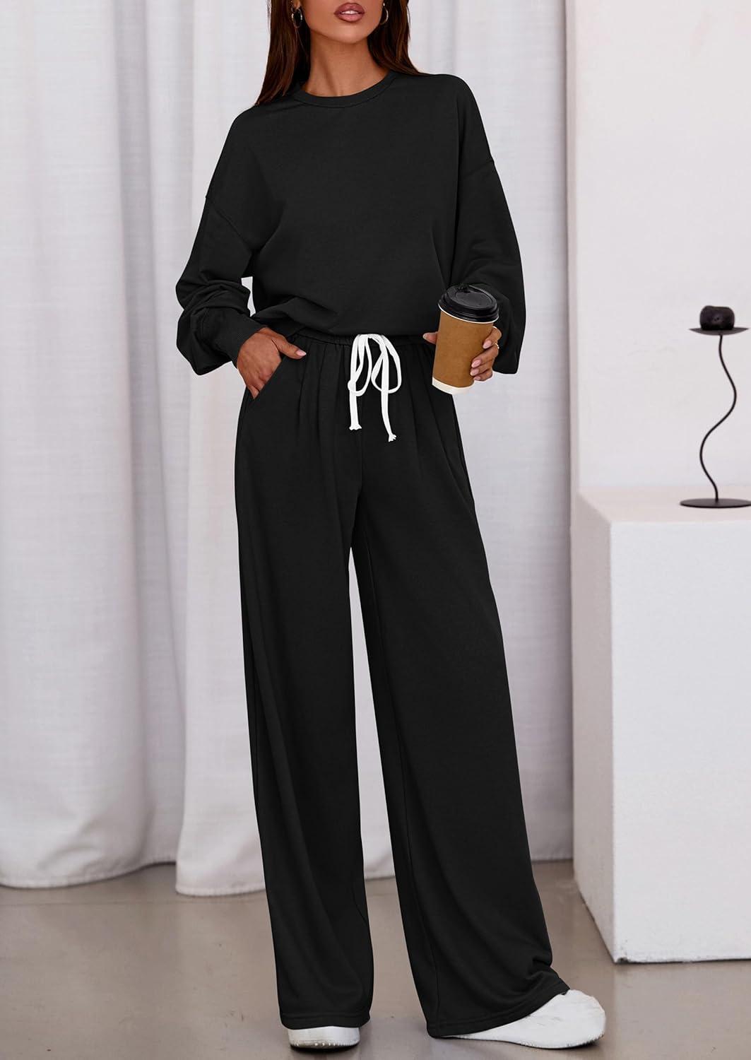 imagePRETTYGARDEN Womens 2 Piece Sets Long Sleeve Sweatshirt Wide Leg Pants Loose Matching Lounge Set Trendy Fall OutfitsBlack