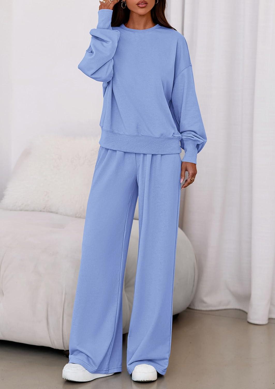 imagePRETTYGARDEN Womens 2 Piece Sets Long Sleeve Sweatshirt Wide Leg Pants Loose Matching Lounge Set Trendy Fall OutfitsBlue
