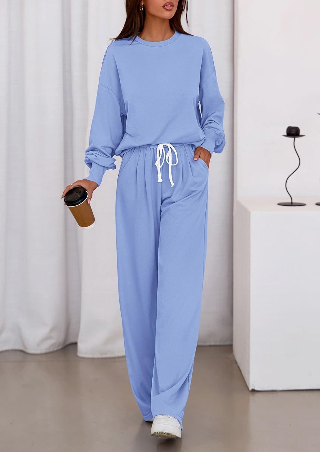 imagePRETTYGARDEN Womens 2 Piece Sets Long Sleeve Sweatshirt Wide Leg Pants Loose Matching Lounge Set Trendy Fall OutfitsBlue