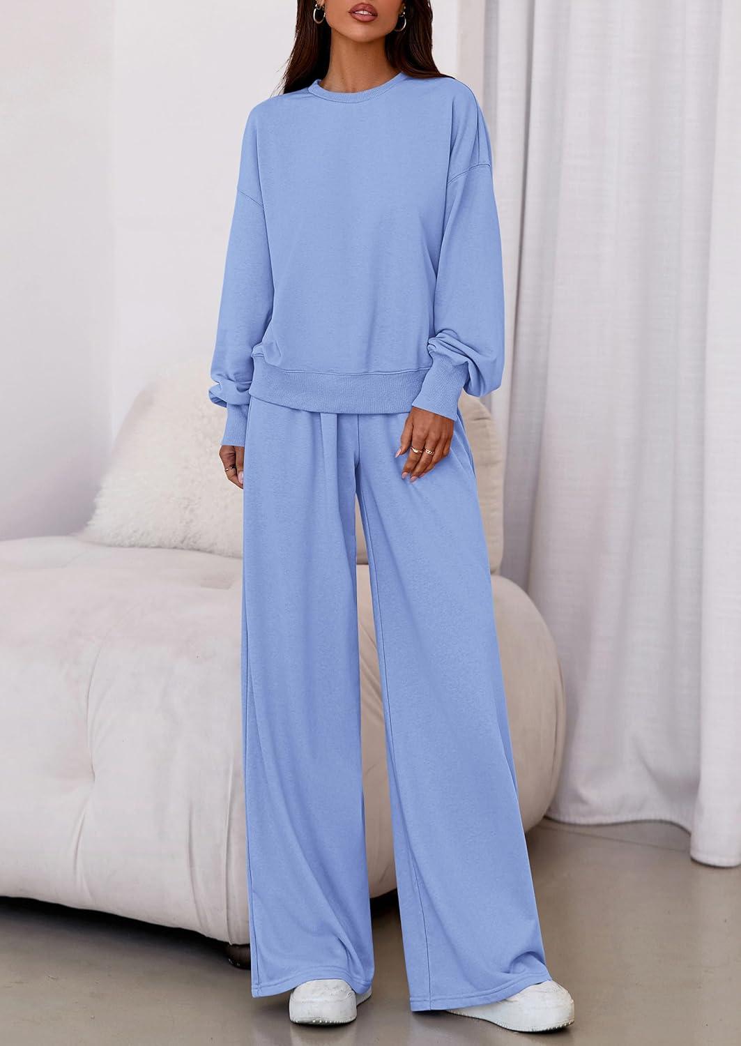 imagePRETTYGARDEN Womens 2 Piece Sets Long Sleeve Sweatshirt Wide Leg Pants Loose Matching Lounge Set Trendy Fall OutfitsBlue