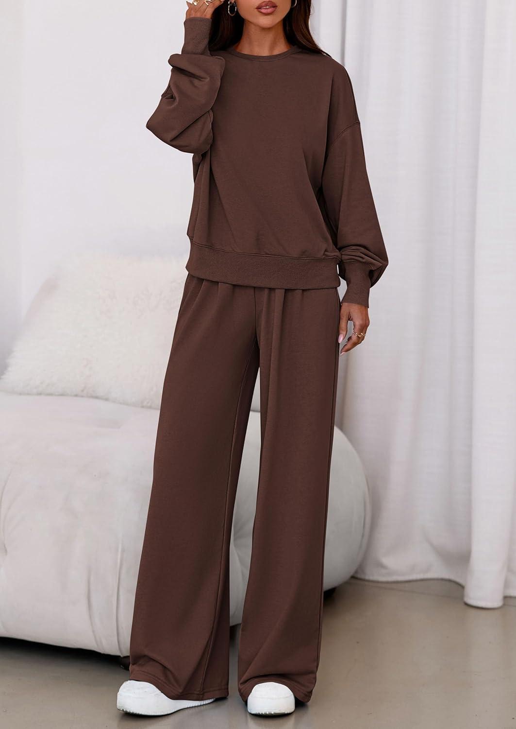 imagePRETTYGARDEN Womens 2 Piece Sets Long Sleeve Sweatshirt Wide Leg Pants Loose Matching Lounge Set Trendy Fall OutfitsBrown