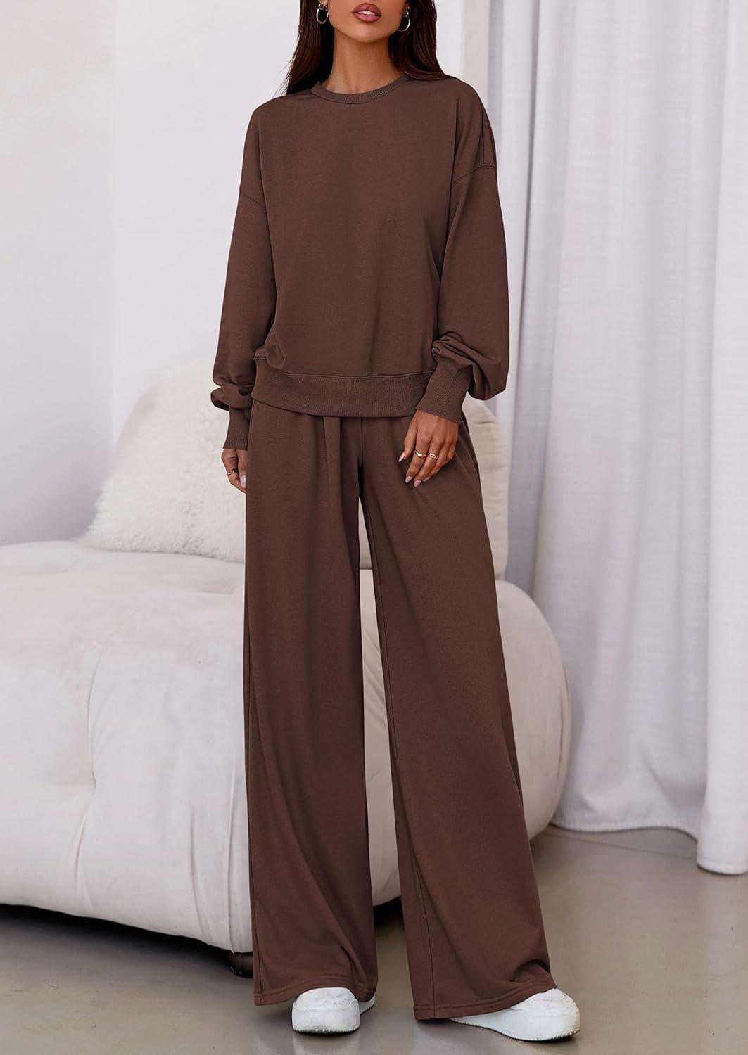imagePRETTYGARDEN Womens 2 Piece Sets Long Sleeve Sweatshirt Wide Leg Pants Loose Matching Lounge Set Trendy Fall OutfitsBrown