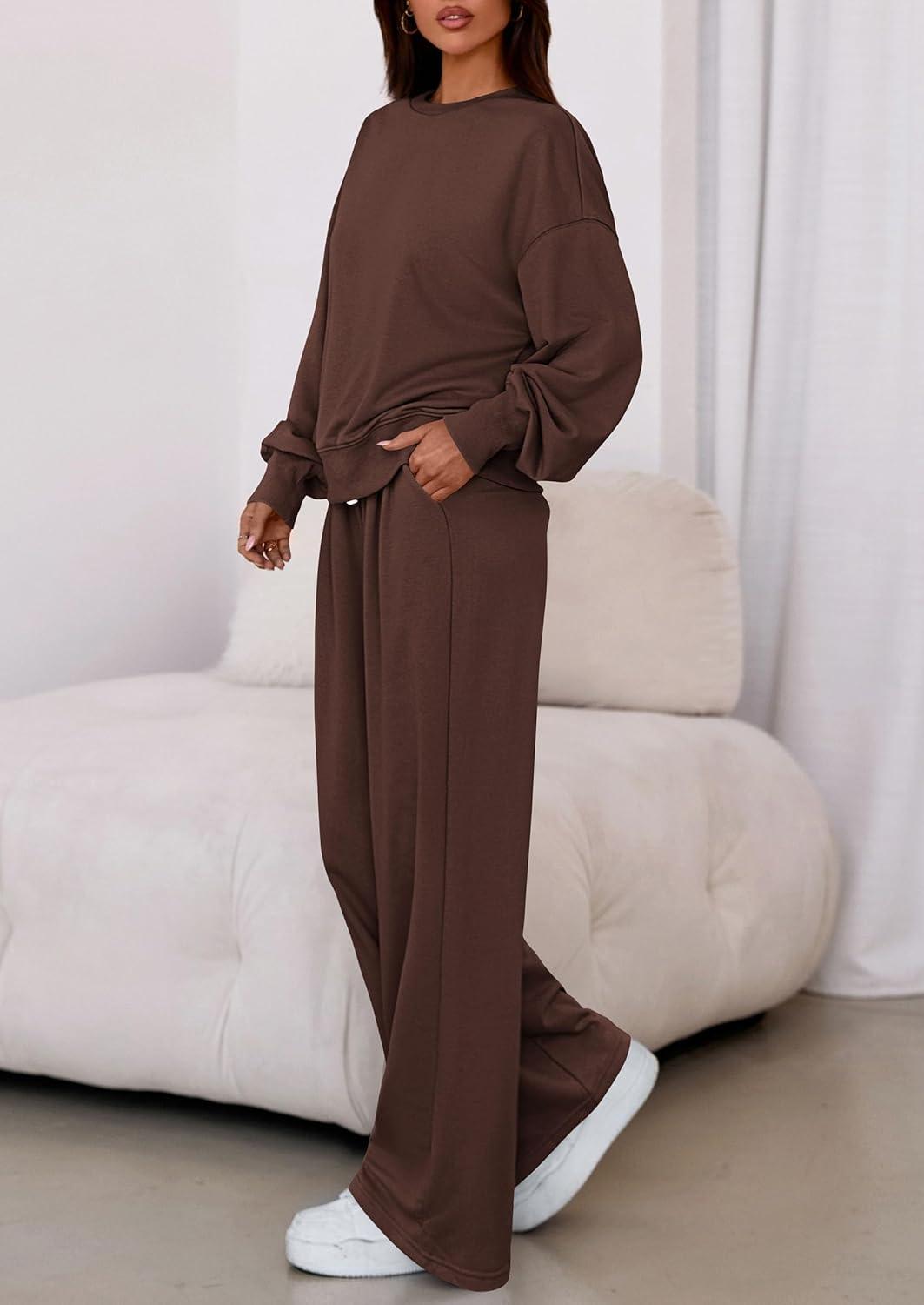 imagePRETTYGARDEN Womens 2 Piece Sets Long Sleeve Sweatshirt Wide Leg Pants Loose Matching Lounge Set Trendy Fall OutfitsBrown