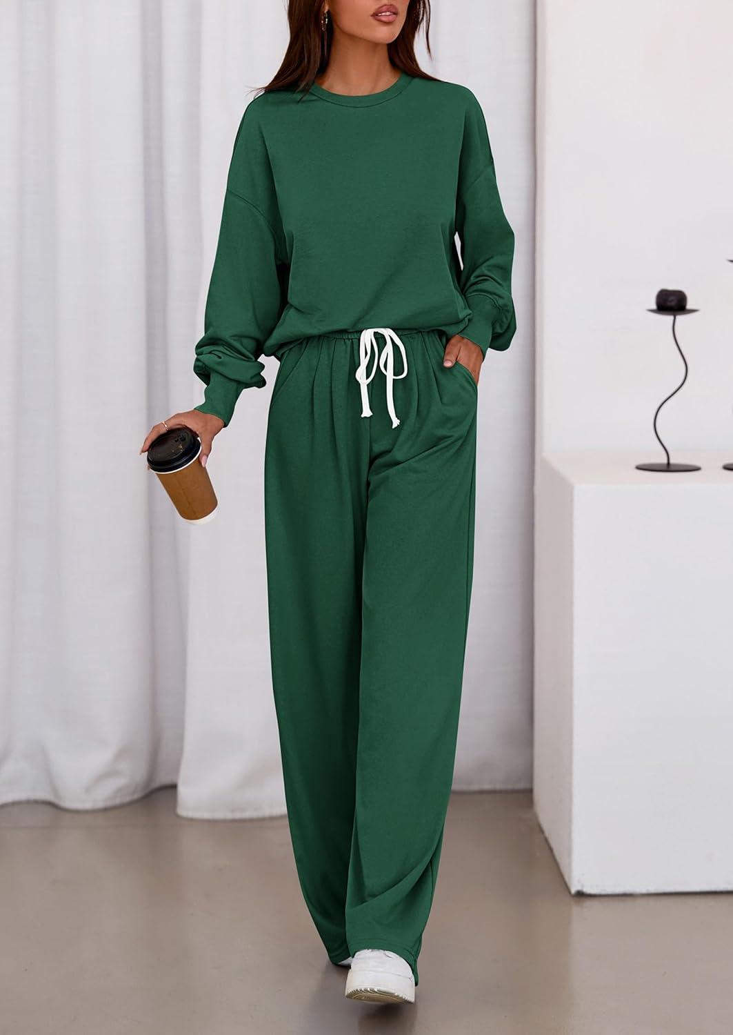 imagePRETTYGARDEN Womens 2 Piece Sets Long Sleeve Sweatshirt Wide Leg Pants Loose Matching Lounge Set Trendy Fall OutfitsDark Green