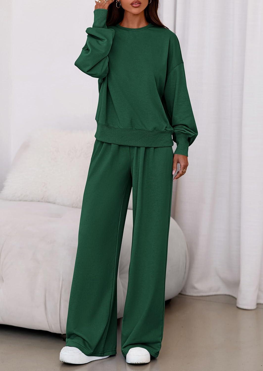 imagePRETTYGARDEN Womens 2 Piece Sets Long Sleeve Sweatshirt Wide Leg Pants Loose Matching Lounge Set Trendy Fall OutfitsDark Green
