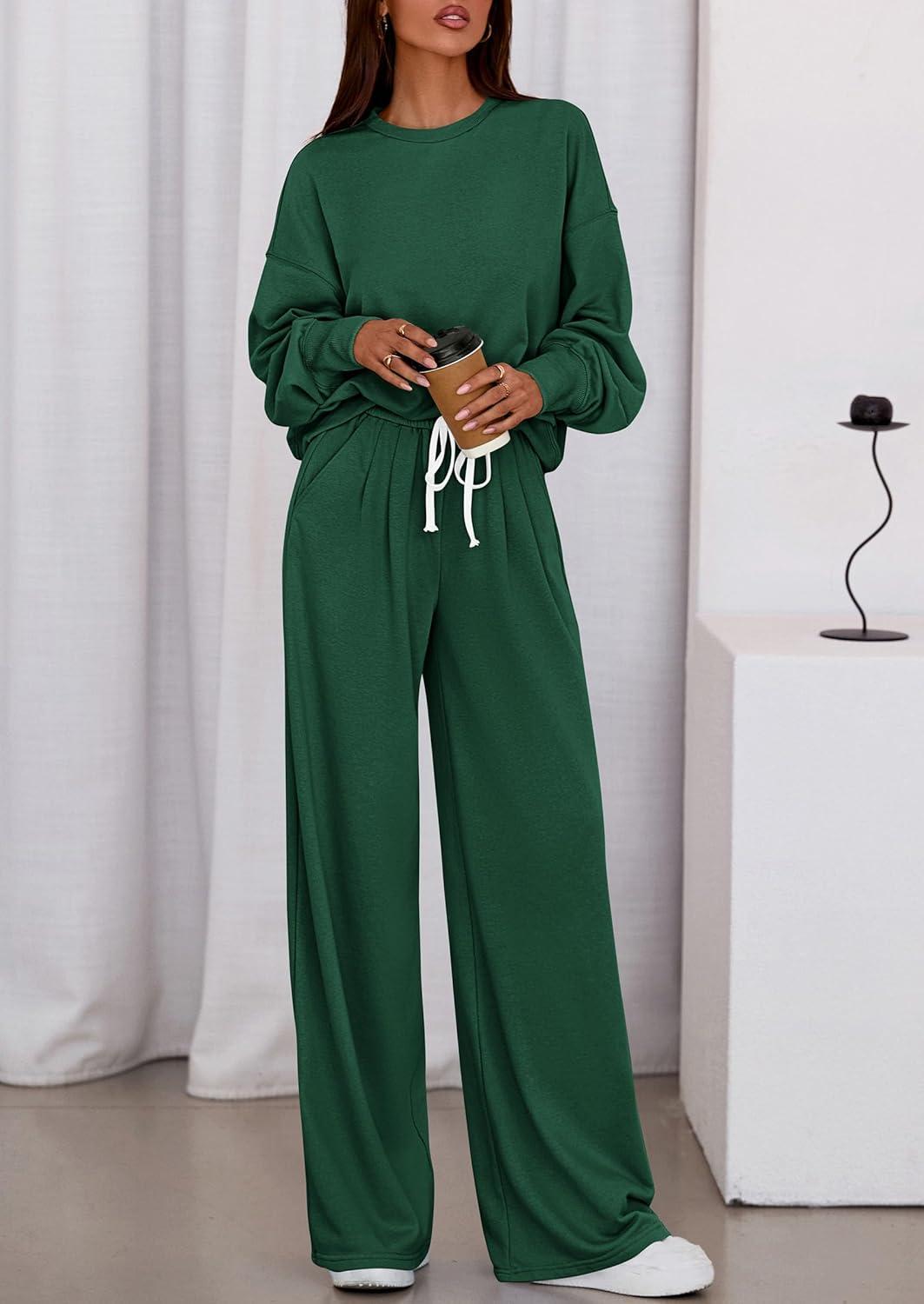 imagePRETTYGARDEN Womens 2 Piece Sets Long Sleeve Sweatshirt Wide Leg Pants Loose Matching Lounge Set Trendy Fall OutfitsDark Green