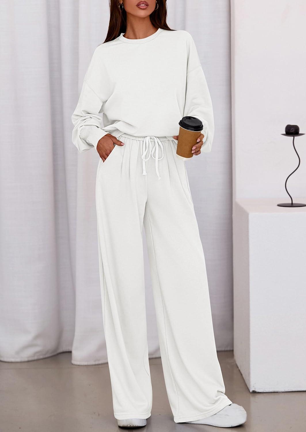 imagePRETTYGARDEN Womens 2 Piece Sets Long Sleeve Sweatshirt Wide Leg Pants Loose Matching Lounge Set Trendy Fall OutfitsWhite