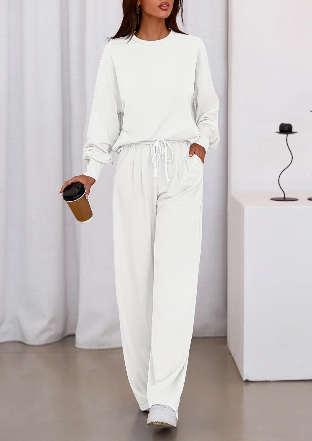 imagePRETTYGARDEN Womens 2 Piece Sets Long Sleeve Sweatshirt Wide Leg Pants Loose Matching Lounge Set Trendy Fall OutfitsWhite