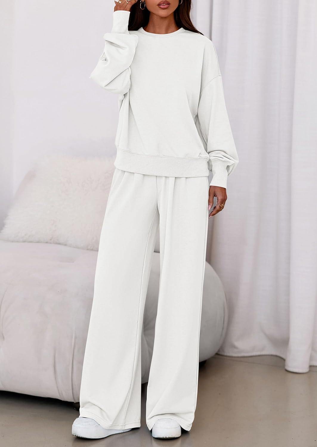 imagePRETTYGARDEN Womens 2 Piece Sets Long Sleeve Sweatshirt Wide Leg Pants Loose Matching Lounge Set Trendy Fall OutfitsWhite