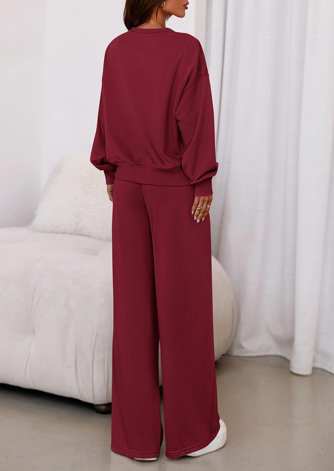 imagePRETTYGARDEN Womens 2 Piece Sets Long Sleeve Sweatshirt Wide Leg Pants Loose Matching Lounge Set Trendy Fall OutfitsWine Red