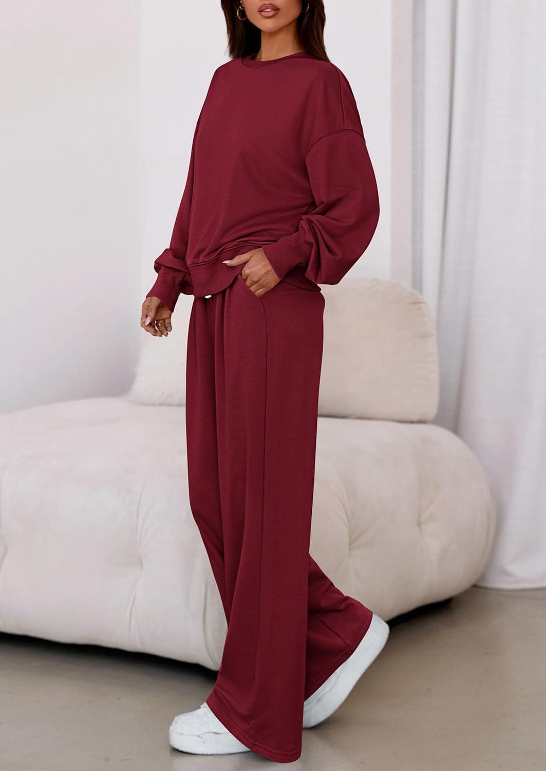 imagePRETTYGARDEN Womens 2 Piece Sets Long Sleeve Sweatshirt Wide Leg Pants Loose Matching Lounge Set Trendy Fall OutfitsWine Red